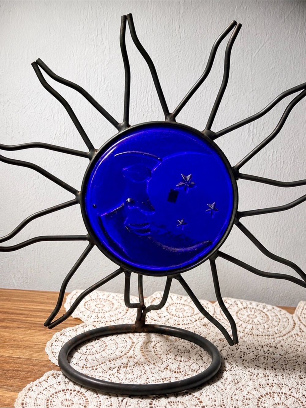 Vintage Whimsigoth Cobalt Blue Glass Sun & Moon Decorative Votive Candle Holder